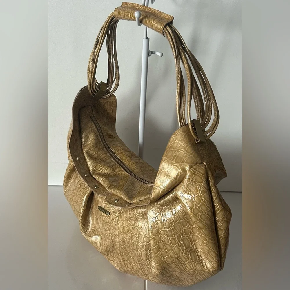 Charlie Lapson Gold Metallic Croc Embossed Shoulder Bag Slouchy Bag